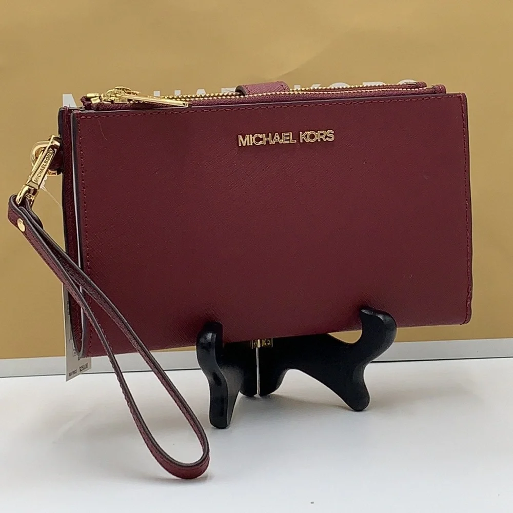 MICHAEL KORS LARGE DOUBLE ZIP WRISTLET WALLET DARK CHERRY COLOR MERLOT M… - Picture 12 of 16